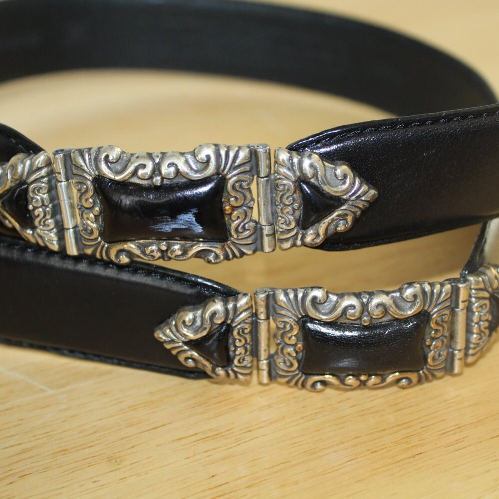Fossil Black Leather Belt with Ornate Silver Hardware M